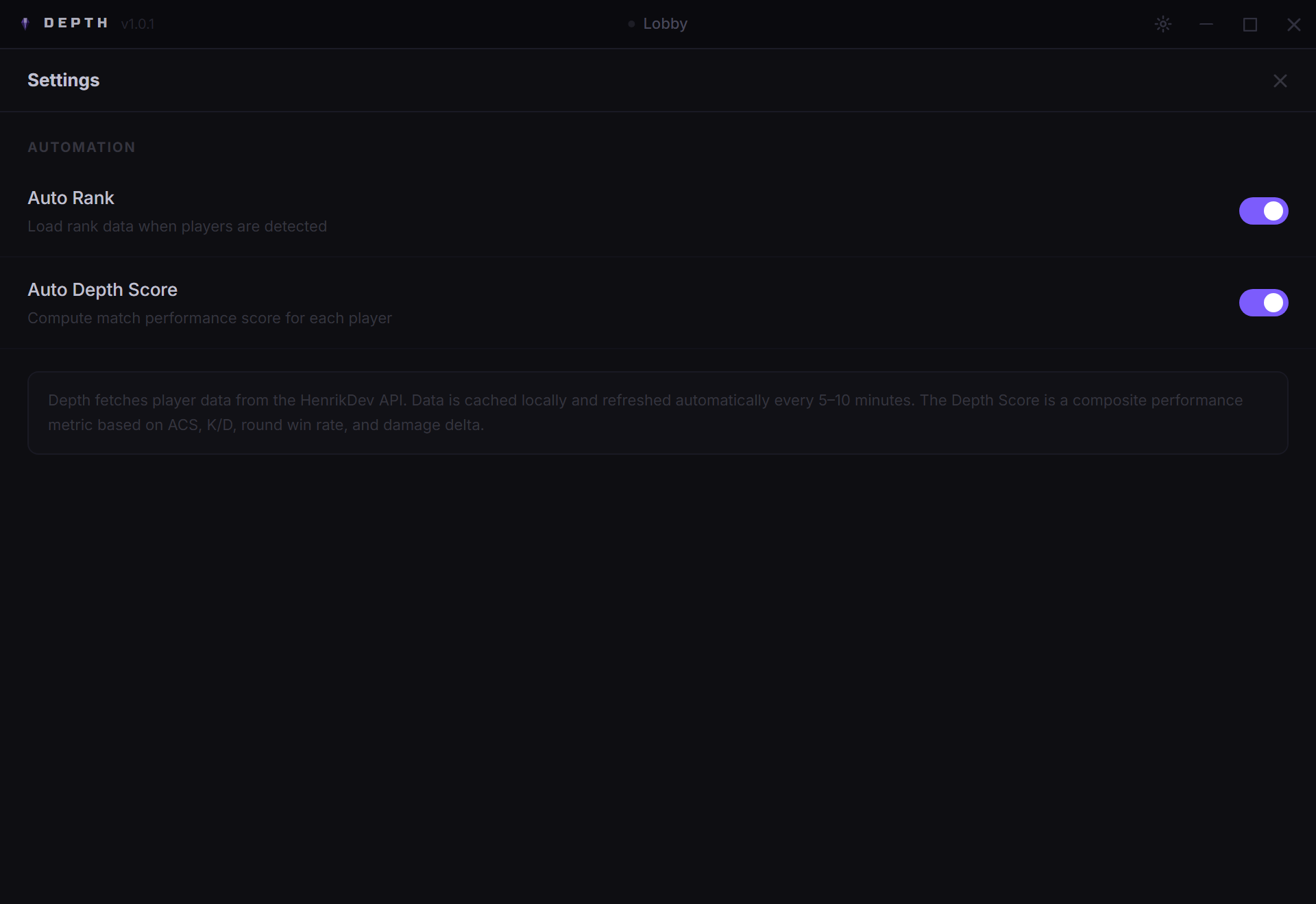 Depth settings view
